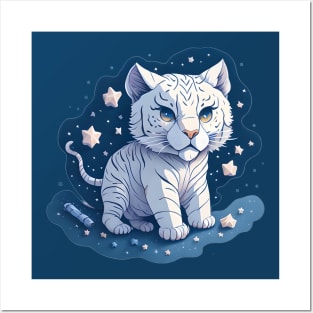 watercolor magical white tiger in starry night illustration sticker Posters and Art